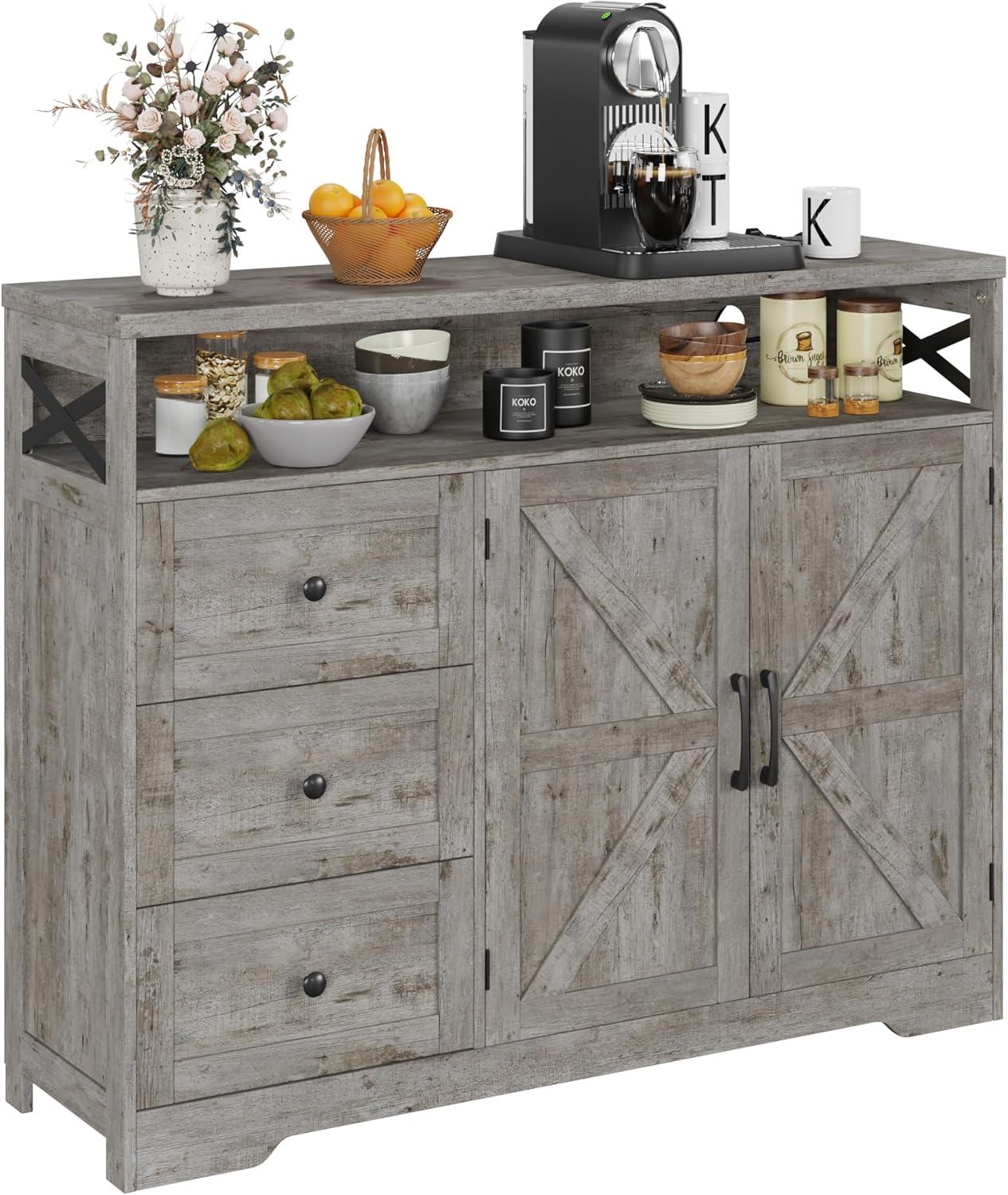 47" Distressed Grey Farmhouse Storage Cabinet with Doors & Drawers, Sideboard Buffet Cabinet with Storage, Kitchen Pantry Hutch, Coffee Bar Station Table for Kitchen, Living Room, Dining Room