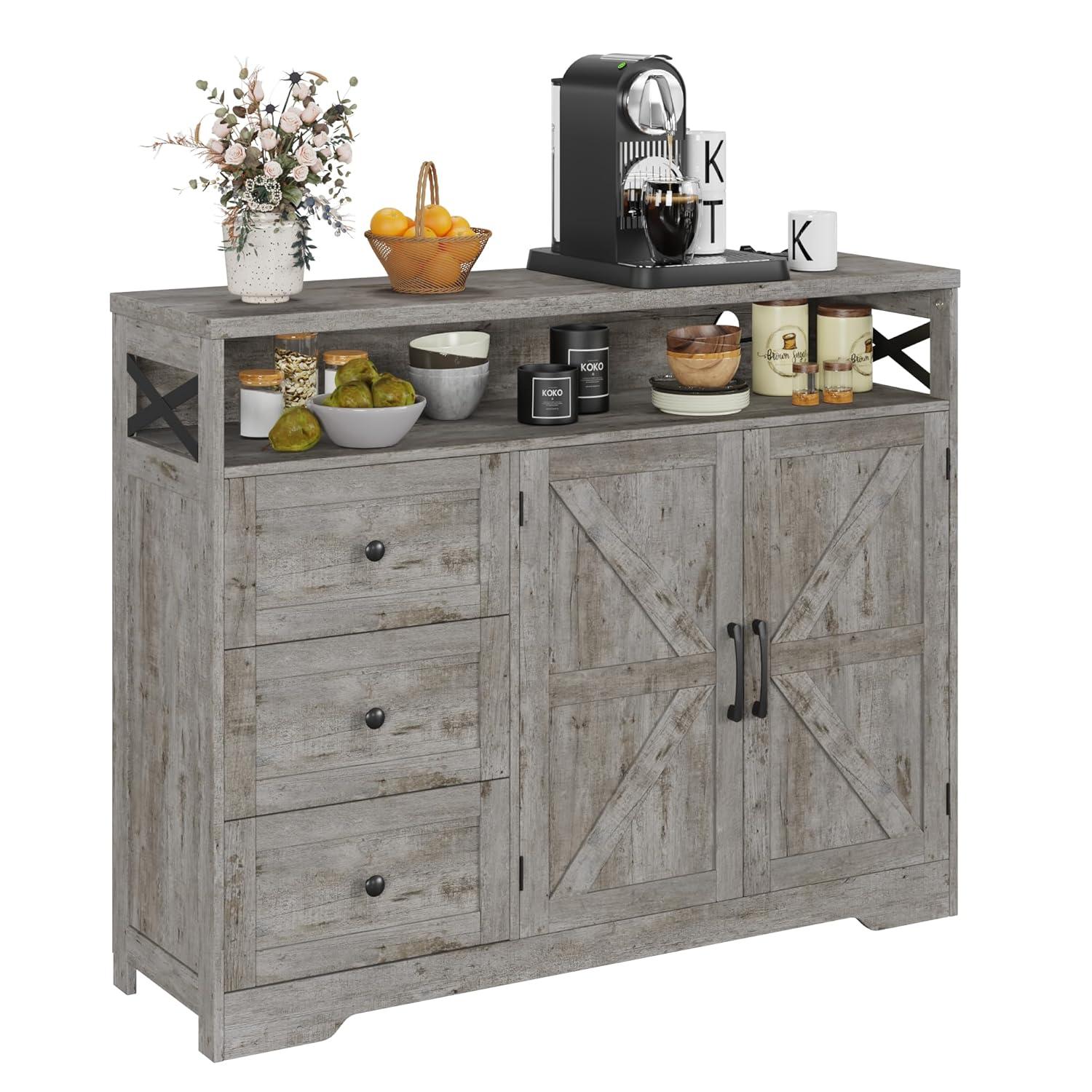 47" Distressed Grey Farmhouse Storage Cabinet with Doors & Drawers, Sideboard Buffet Cabinet with Storage, Kitchen Pantry Hutch, Coffee Bar Station Table for Kitchen, Living Room, Dining Room