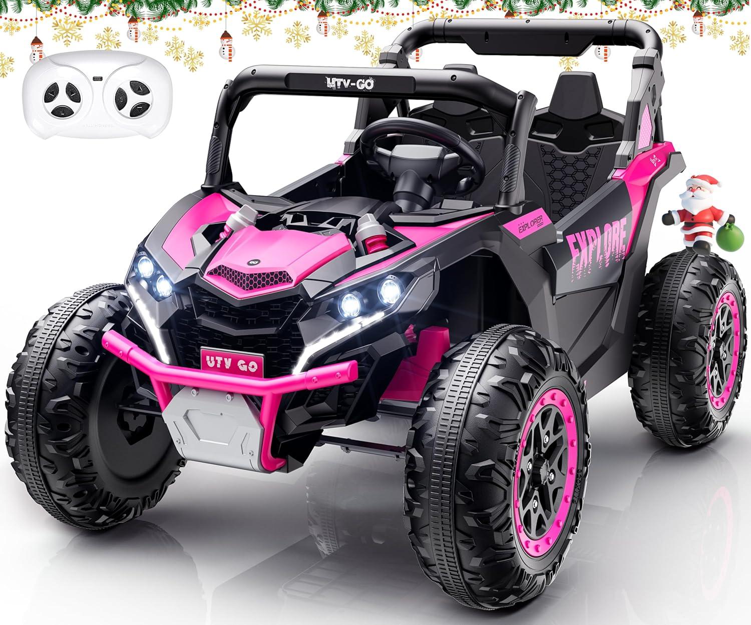 Yisufo 24V Kids Ride on Toys UTV with Remote Control,4WD 2 Seater Ride on Truck Car,7Ah Large Battery Electric Car with 3 Speed, LED Lights, Music for 3-8 Years Kids Pink