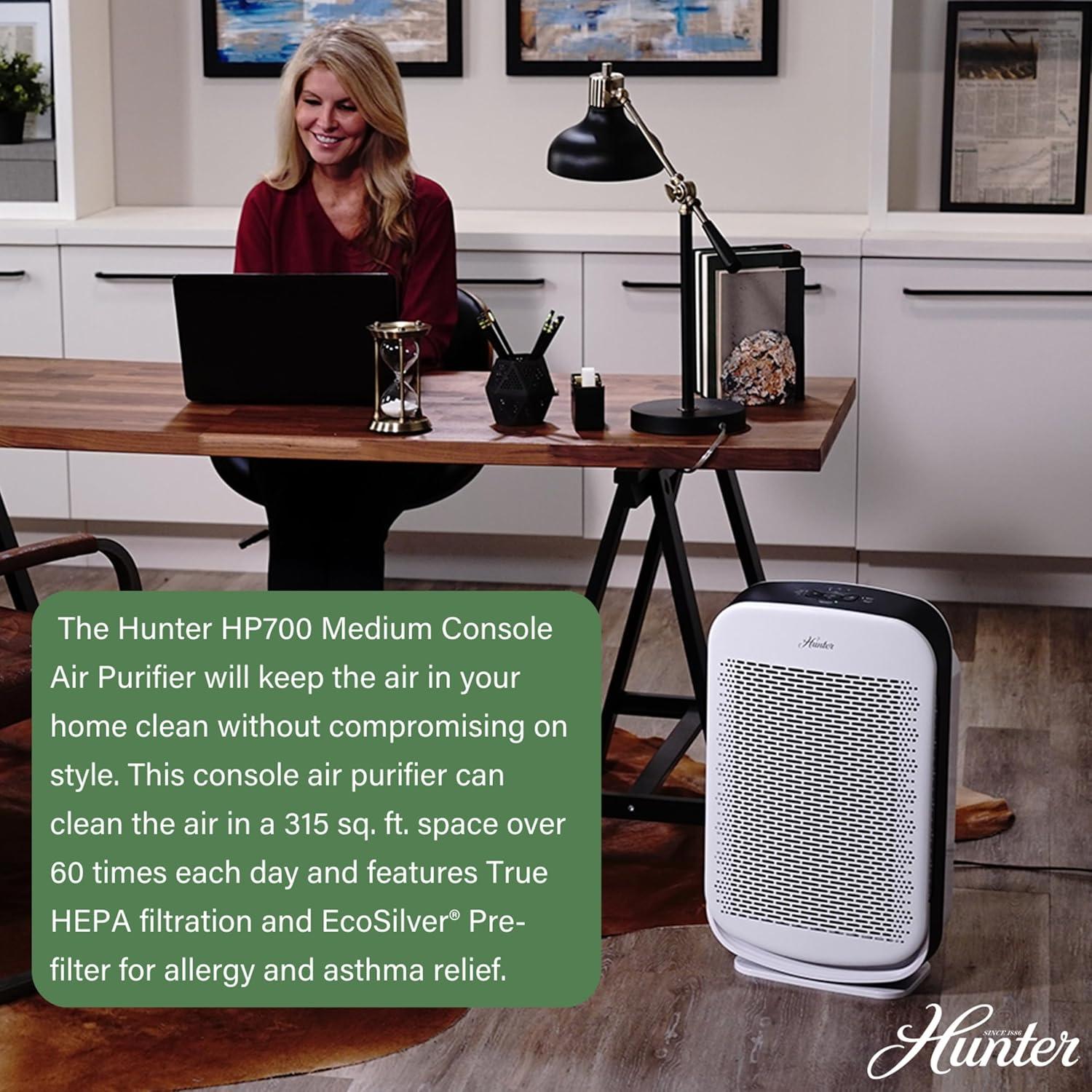 Hunter HP700 Medium Console Air Purifier for Large Rooms Features Pre-Filter, True HEPA Filter, Multiple Fan Speeds, Soft Touch Digital Control Panel