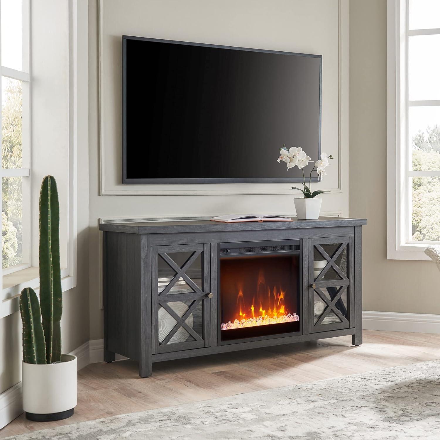 Evelyn&Zoe Colton Rectangular TV Stand with Crystal Fireplace for TV's up to 55", Charcoal Gray