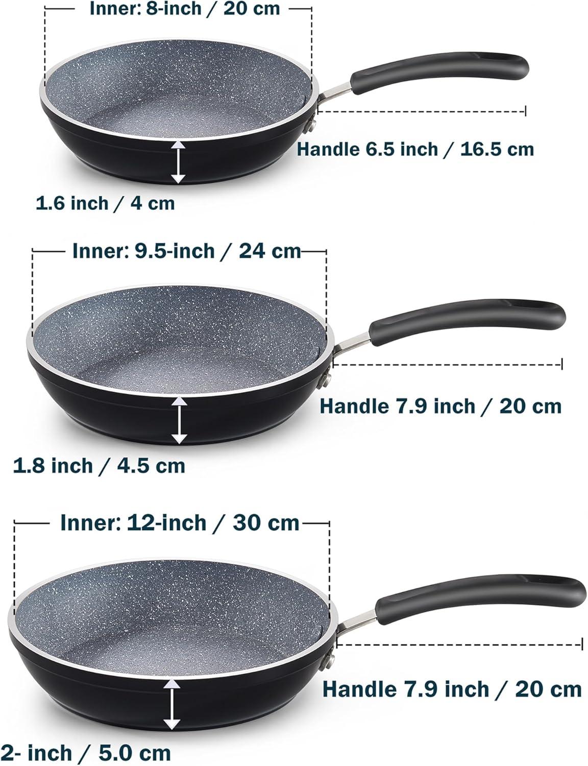 Black Aluminum Non-stick Induction Frying Pan Set, 8"/10"/12"