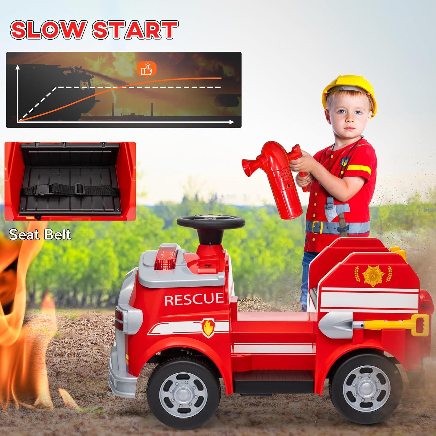 Qaba Qaba 12V Ride on Fire Truck with Siren, Lights, Soft Start, Horn Music, Red