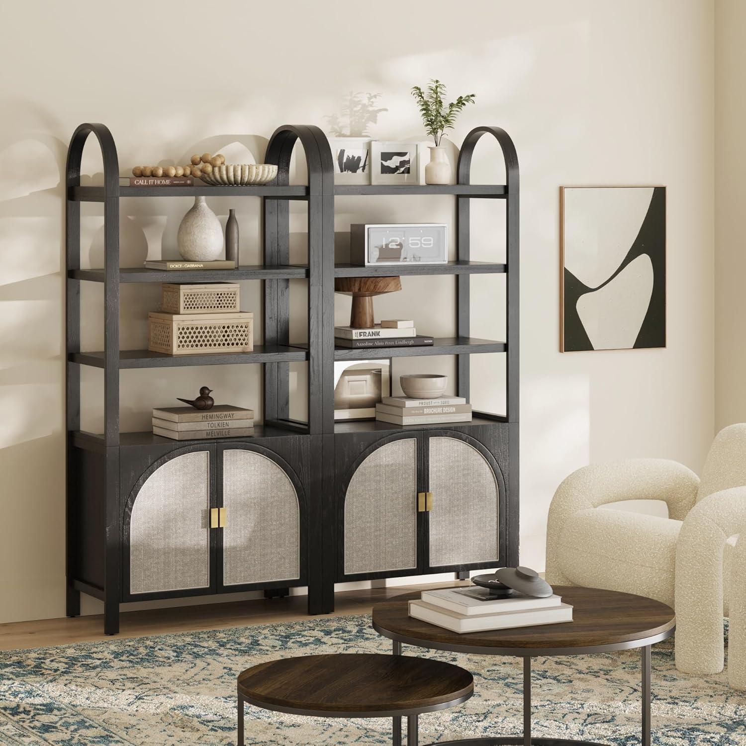 Nathan James Paxton Boho Bookshelf Cabinet with Solid Wood Frame Rattan Bookshelf with Cabinet Base, Arched Bookcase Cabinet for Living Room or Home Office, Black Oak