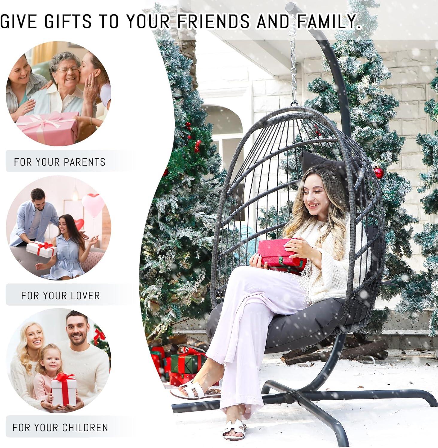 RADIATA Outdoor Hanging Egg Chair with Stand, 350Lbs Sturdy Wicker Egg Swing Chair for Outside, Comfortable Rattan Patio Haning Chair with Thick Cushion for Indoor Belcony Porch Bedroom, Dark Gay