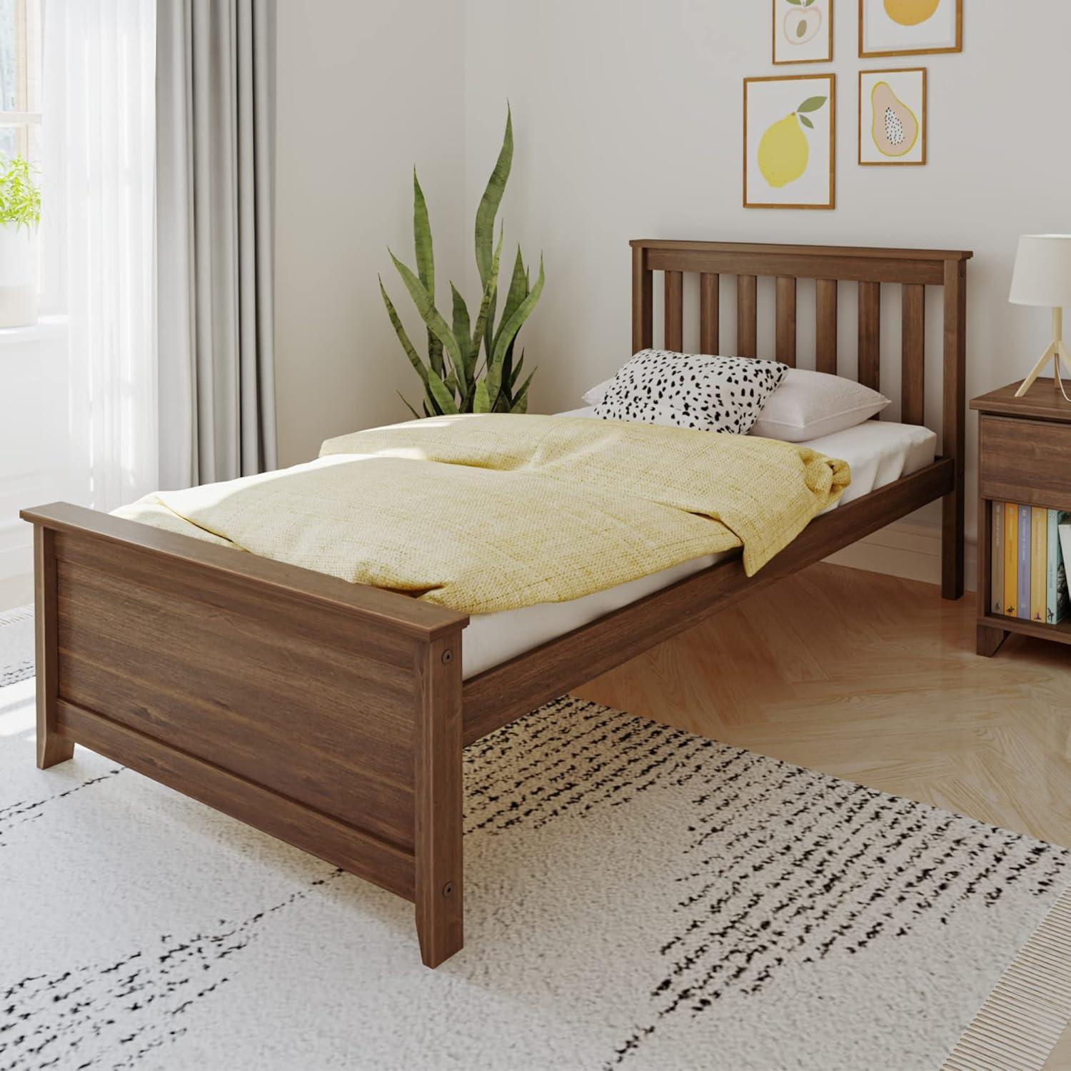 Walnut Pine Twin Platform Bed with Slatted Headboard and Storage