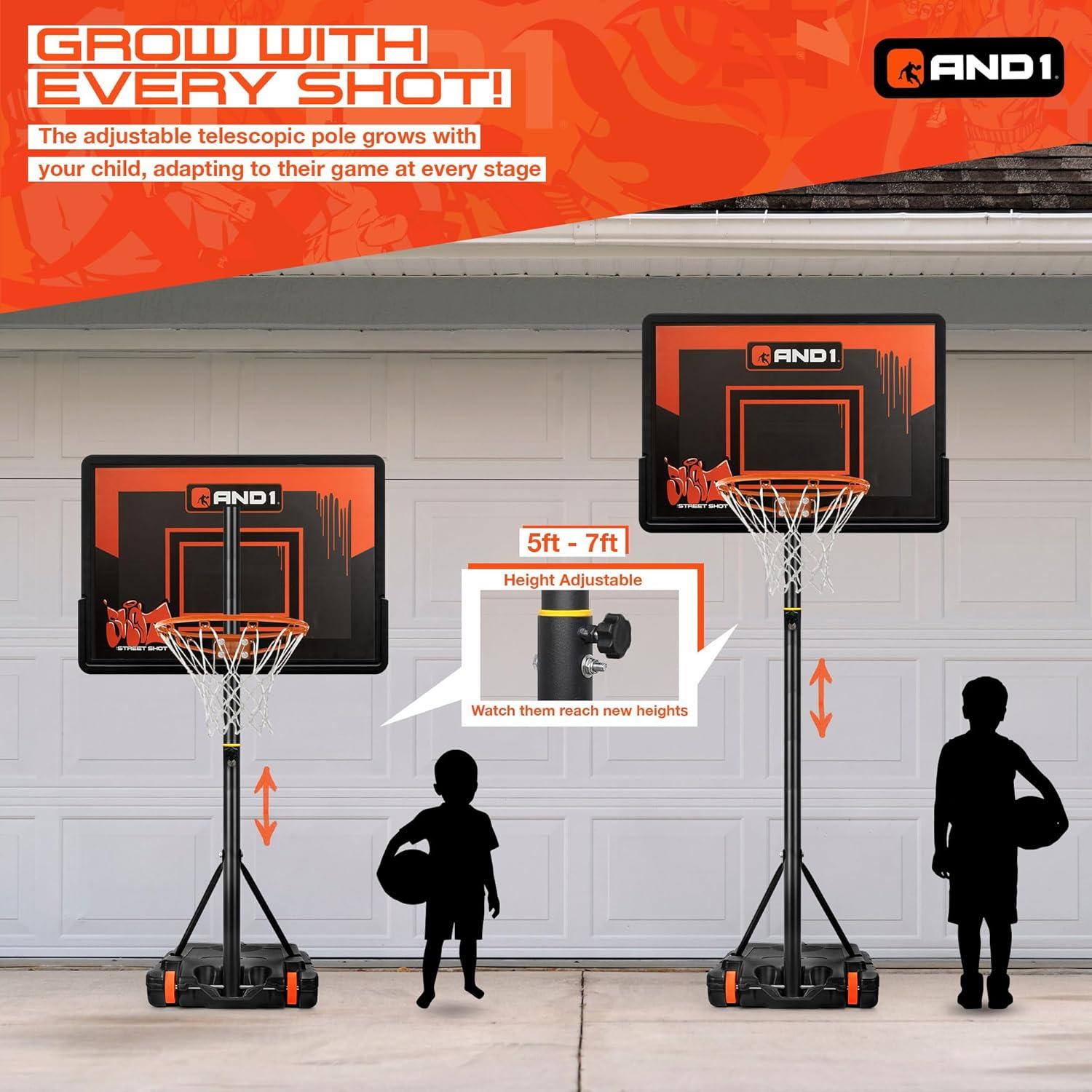 AND1 32" Youth Basketball Hoop & Basketball Bundle - Adjustable Portable Outdoor Hoop, 5-7 ft Adjustable Height