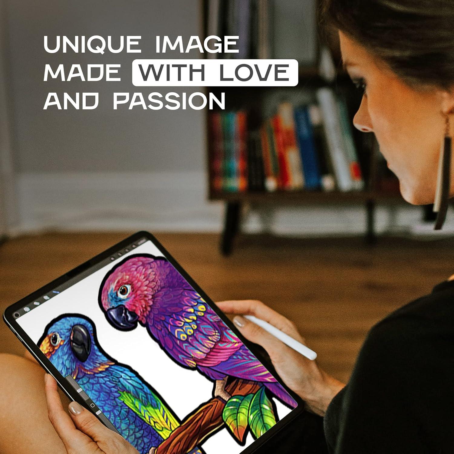 UNIDRAGON Original Wooden Jigsaw Puzzles - Playful Parrots, 104 pcs, Small 13"x7.5", Beautiful Gift Package, Unique Shape Best Gift for Adults and Kids