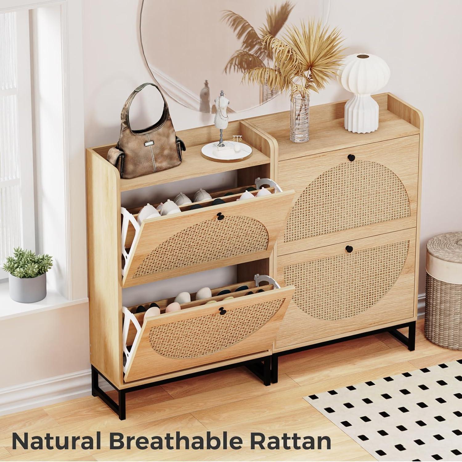 REHOOPEX Shoe Cabinet with 2 Natural Rattan Flip Drawers, Entryway Shoe Rack Storage Organizer