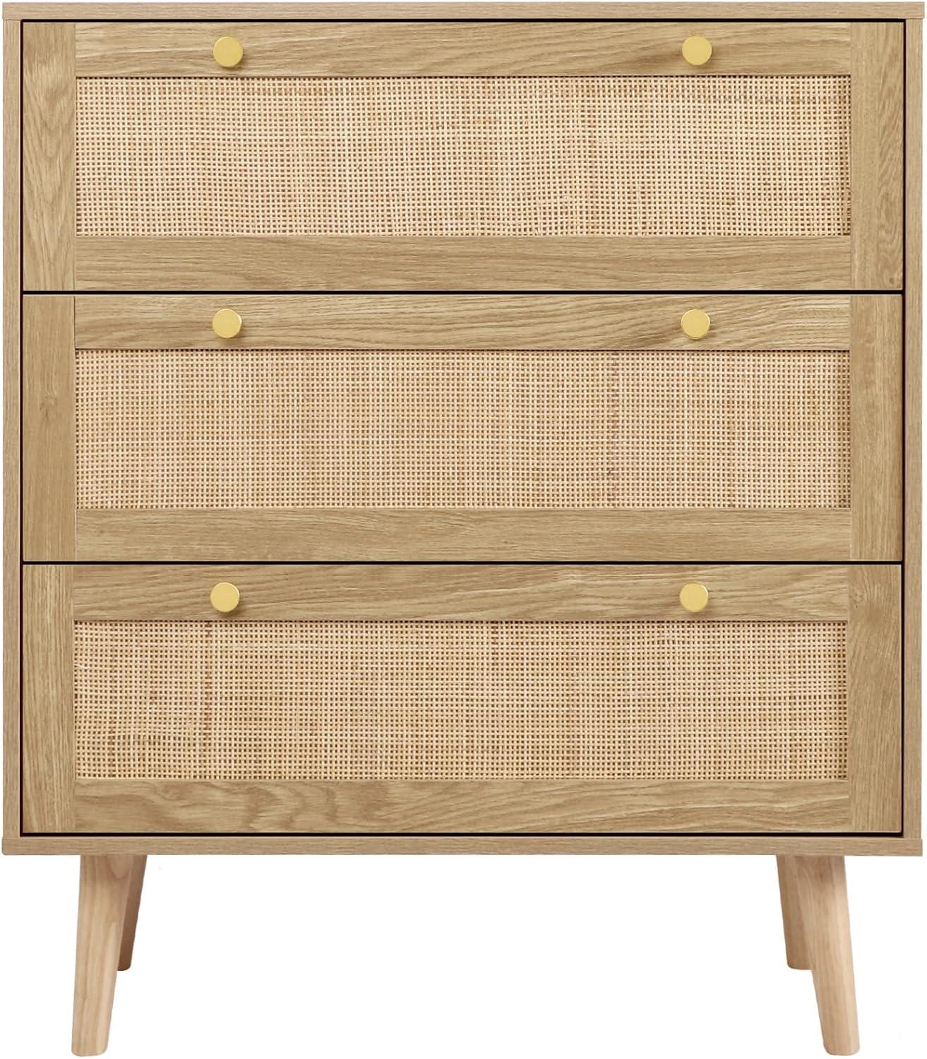 Bohemian Oak and Rattan 3-Drawer Dresser with Gold Handles