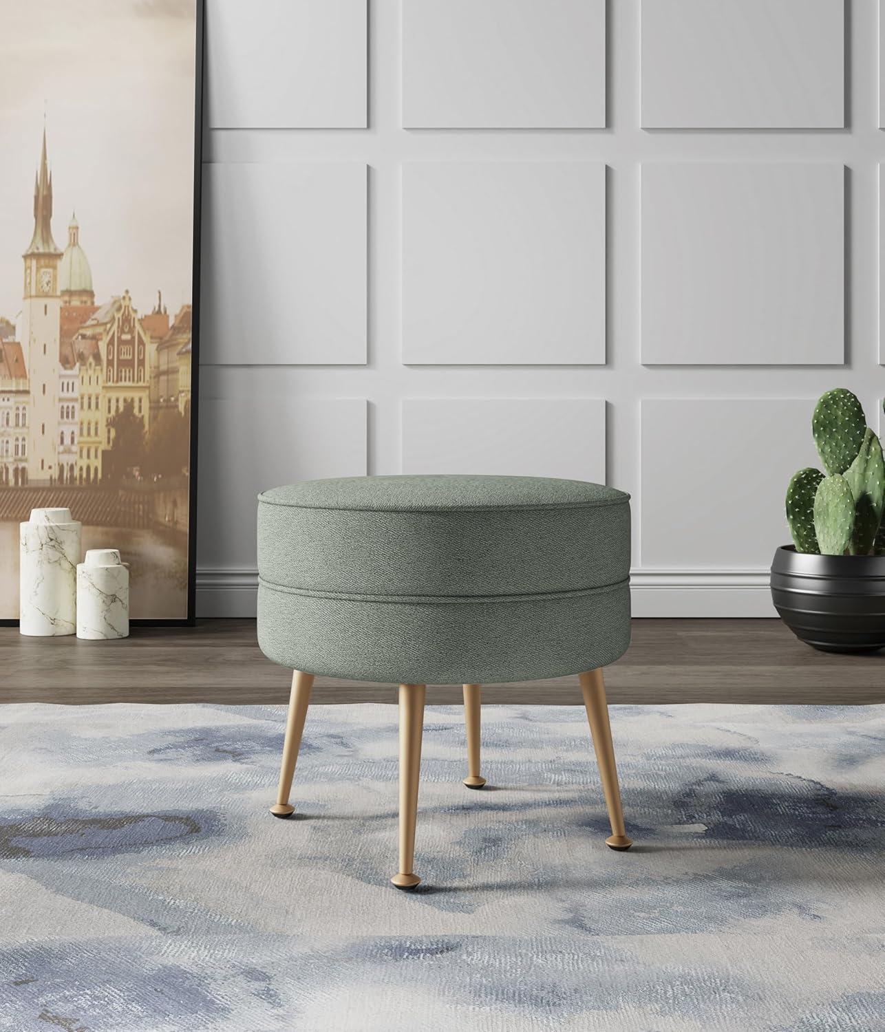 Bailey Sage Green Woven Upholstered Ottoman with Gold Legs