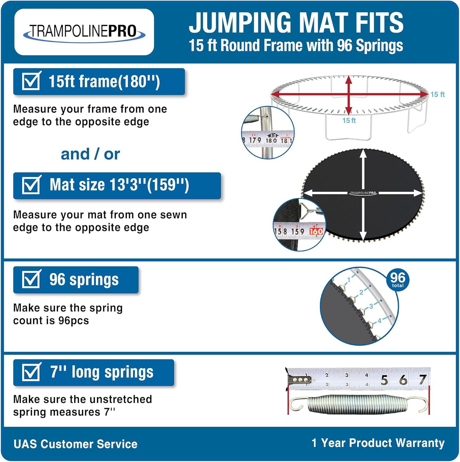 Replacement Trampoline Mat 15ft Round Frame, for 96 Springs, 7" Spring Length, Fits All Same Size Brands, Mat has 159" Diameter w/ 96 Rings Springs Sold Separate UV & Safety Certified