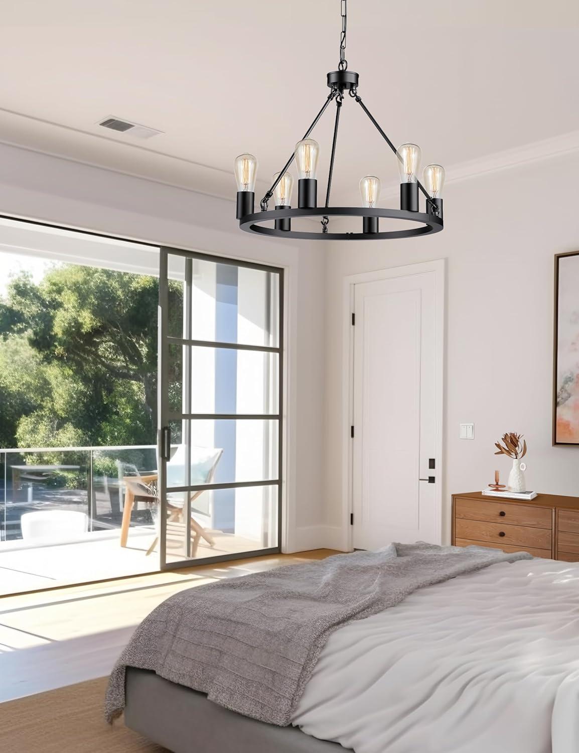 Farmhouse 6 Lights Black Wagon Wheel Chandelier,Modern Vintage Round Pendant Light Fixture for Dining Room,Living Room, Entryway Foyer Kitchen Island, E26