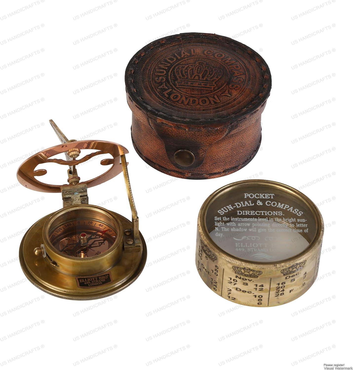 Vintage Brass Sundial Compass with Leather Case | Antique Marine Navigation Instrument & Engraved Calendar | Retro Pocket Compass for Outdoor Adventure, Collectors & Gifts