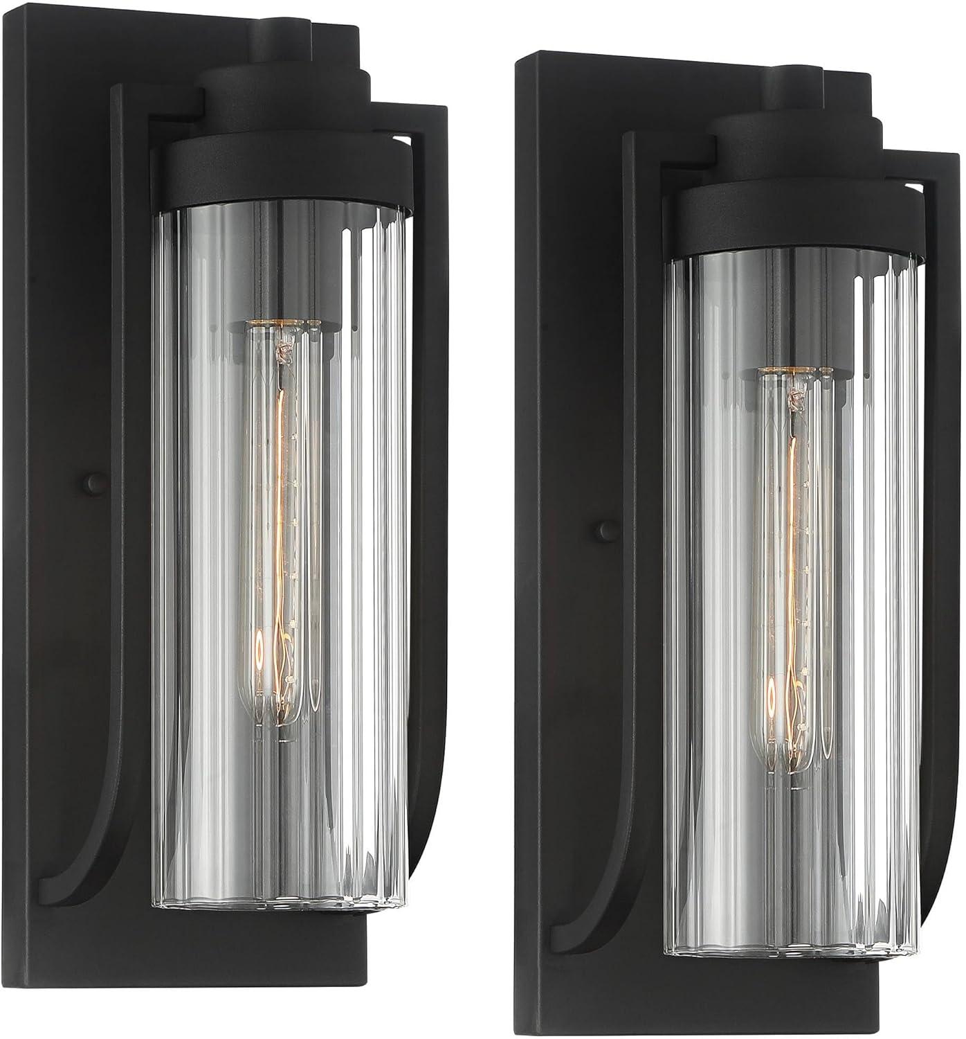 Possini Euro Design Bogota Modern Outdoor Wall Light Fixtures Set of 2 Textured Black 15 1/2" Clear Ribbed Glass for Post Exterior Barn