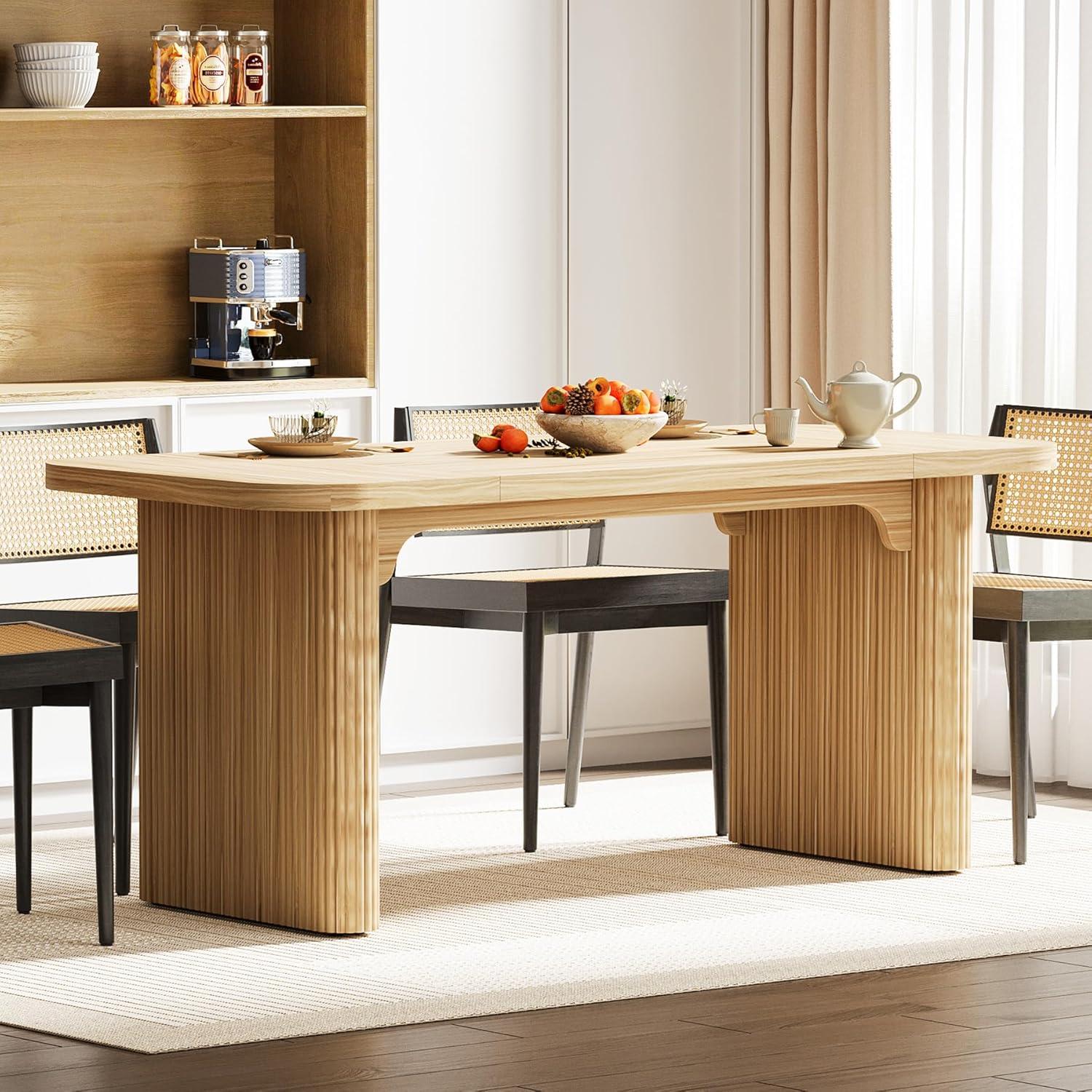Tribesigns Modern Dining Table for 6 People, 63-Inch Natural Wood Kitchen Table with Double Robust Pedestal, Long Rectangle Wooden Dinner Table for Dining Room
