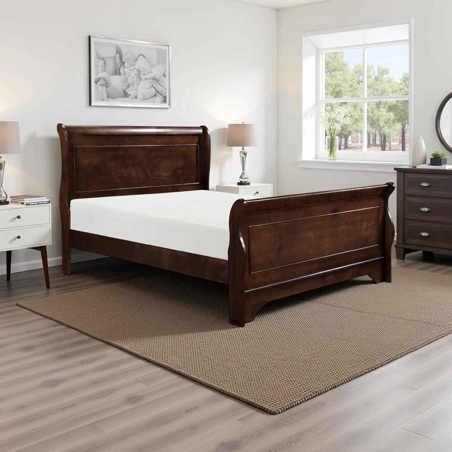 Benjara Transitional Queen Sleigh Style Bed, Dark Wood Frame, Cherry Brown Finish