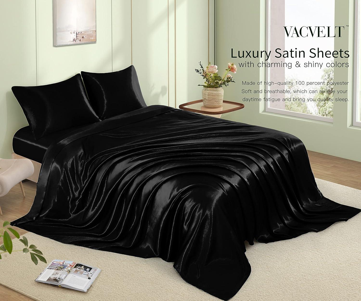 Black Satin Full Size 4-Piece Deep Pocket Sheet Set