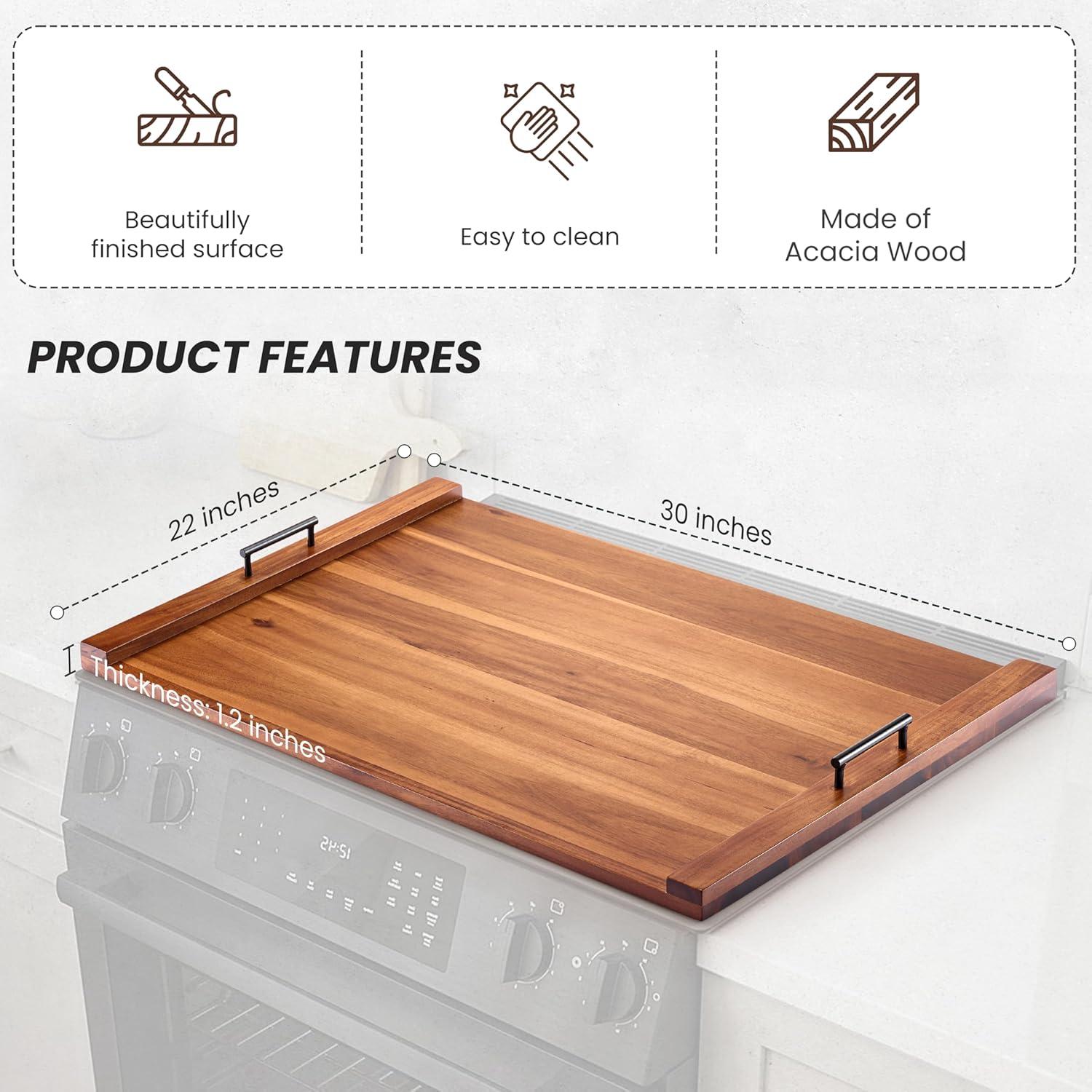 Acacia Wood Stove Top Cover with Metal Handles