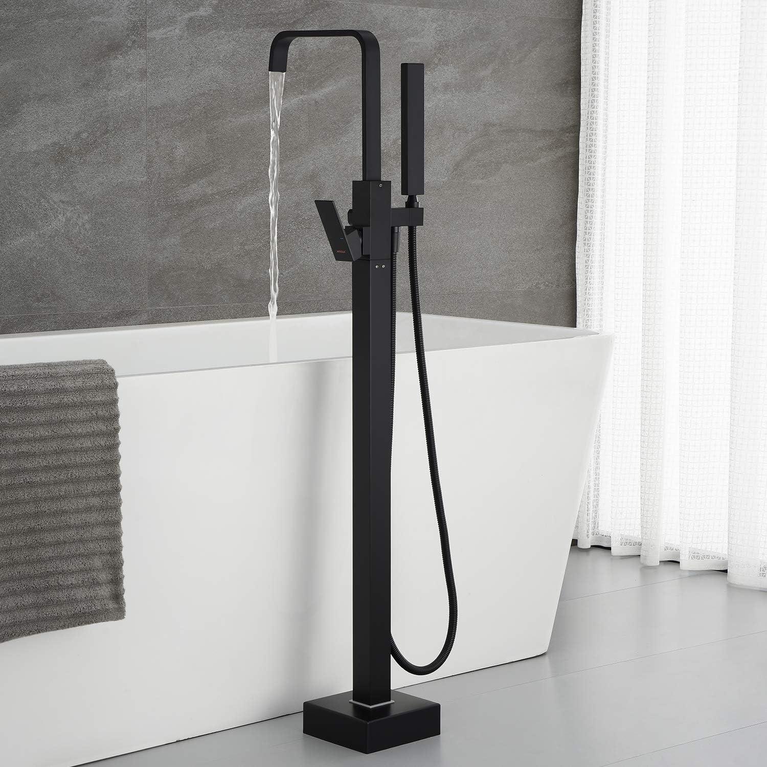 Matte Black Brass Waterfall Freestanding Tub Faucet with Hand Shower