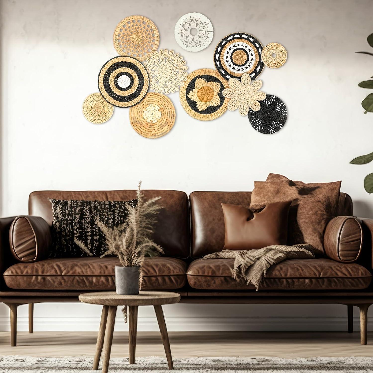 Tatuo 11 Pcs Boho Wall Basket Decor Decorative Bulrush Woven Basket Wall Decor Art Round Farmhouse Hanging Baskets for Kitchen Rustic Home Summer Decorations, Multi Sizes(Retro)