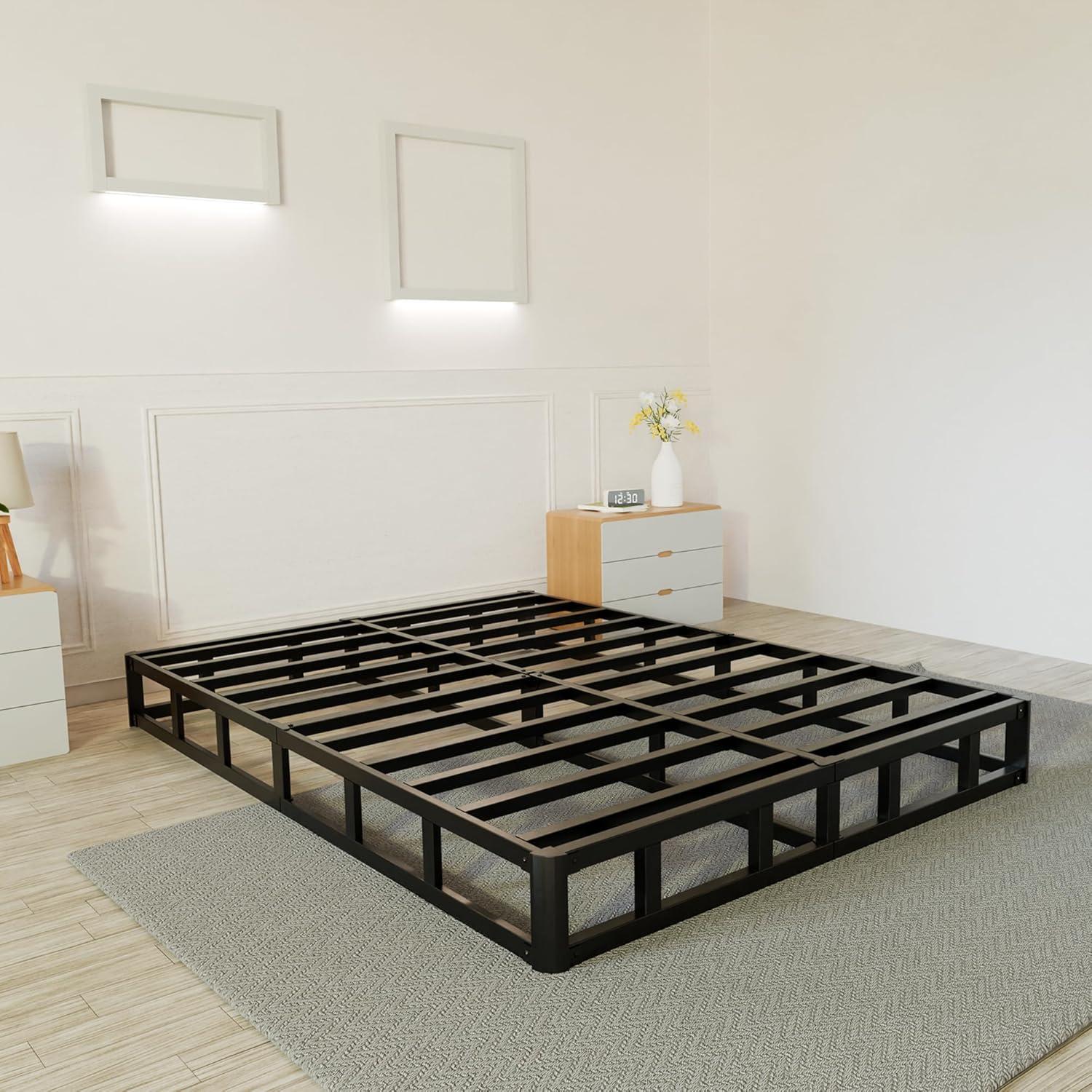 6-Inch Black Metal Queen Bed Frame with Steel Slats