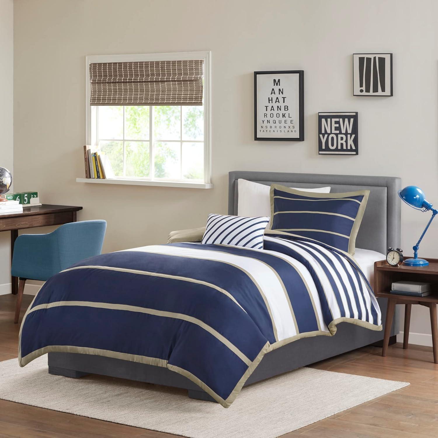 Navy and Khaki Striped Twin/Twin XL Duvet Cover Set