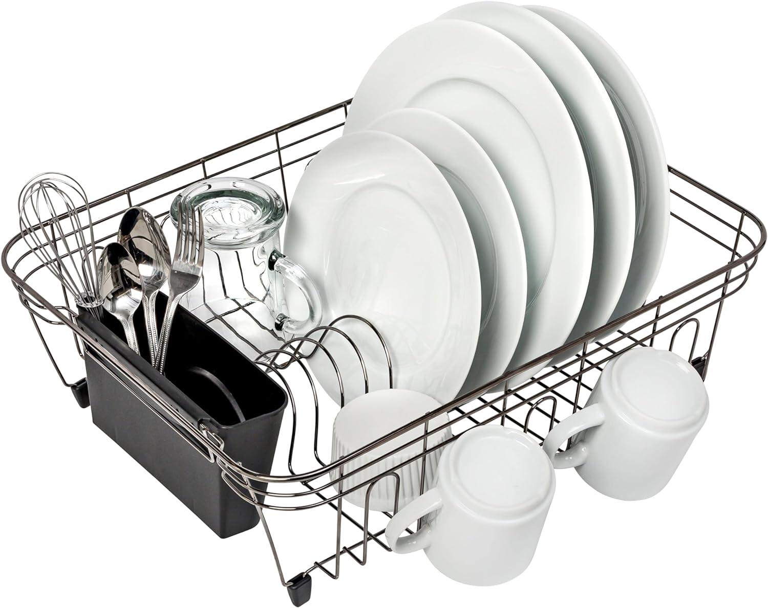 Black and Chrome Steel Dish Drying Rack with Utensil Cup