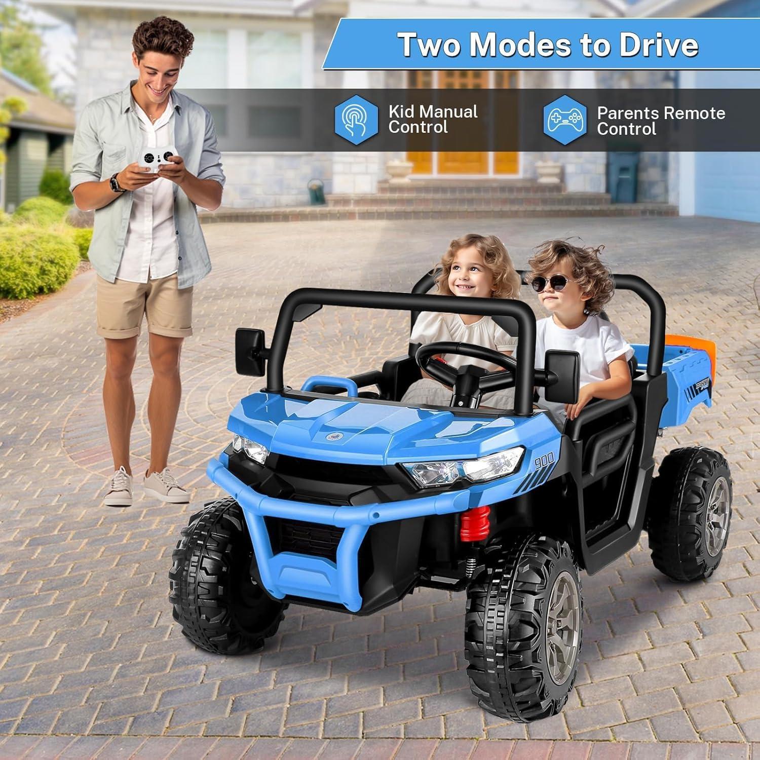 VIBESPARK 24 Volt Ride on Toys with Dump Bed, 2-Seater Ride on Dump Truck, 2×200W Electric Car for Kids Ride on UTV w/ Remote Control, Shovel, Bluetooth, Music, LED Light, 5MPH, Blue