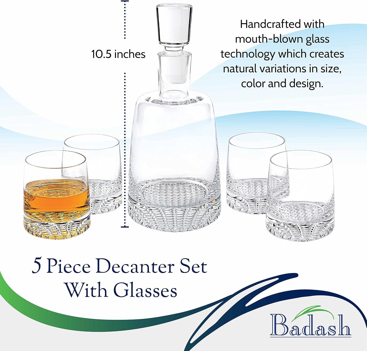 Badash Crystal Park Avenue European Mouth Blown 5 Piece Decanter & Rock Glasses Set (K830)