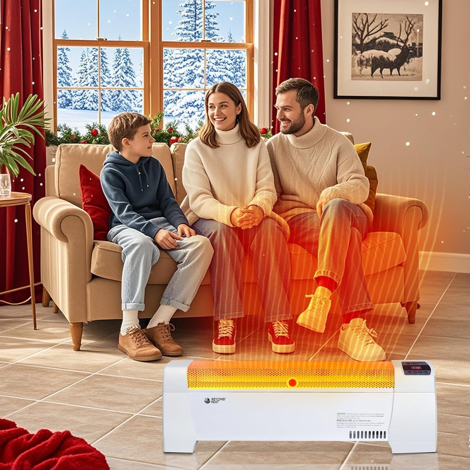 BEYOND HEAT Electric Baseboard Heater, 1500W Convection Heater with Adjustable thermostat and Overheat Protection, Slient Operation Heater for indoor use, White