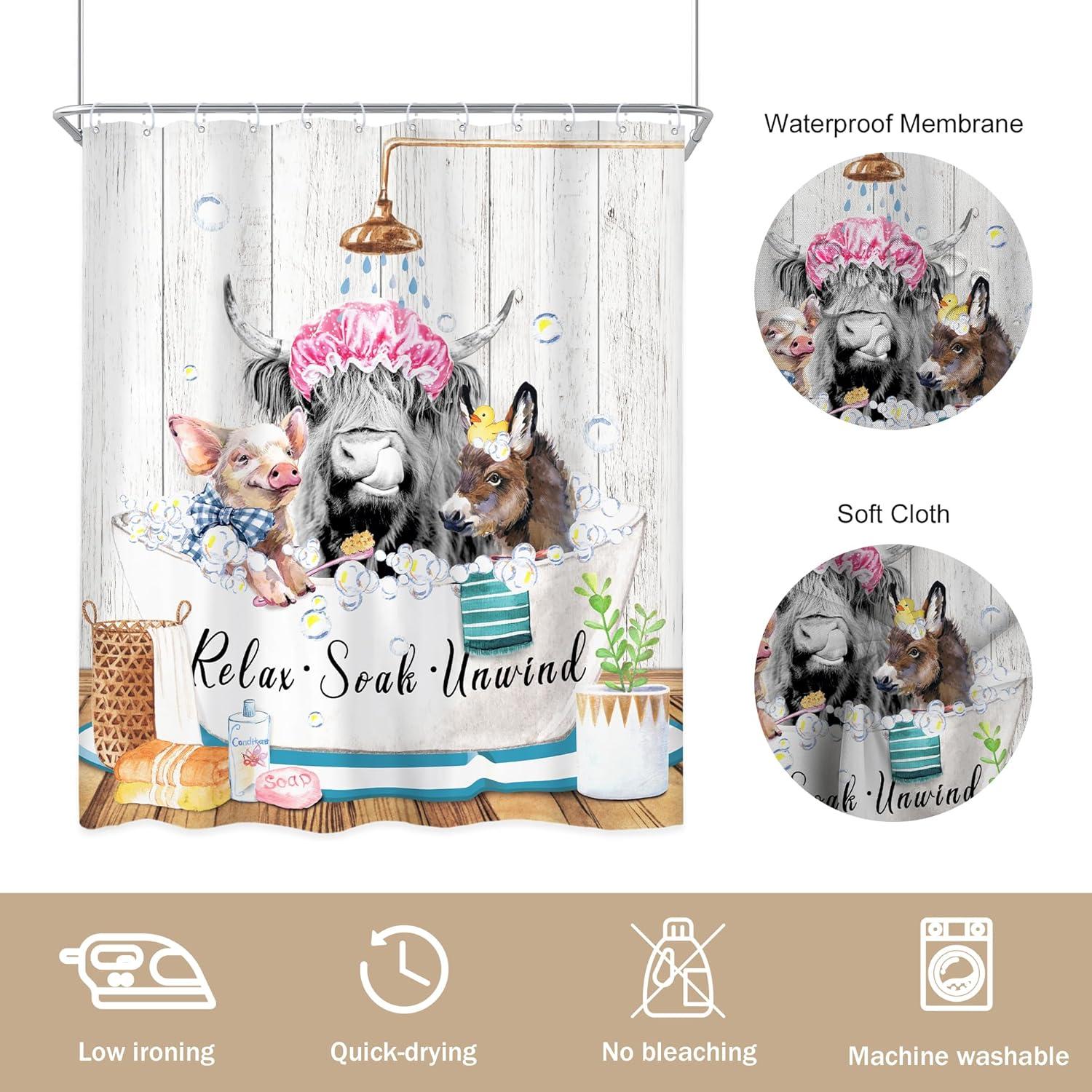 Funny Highland Cow Shower Curtain 60Wx72H Inch Bull Western Cattle Donkey Pig in Bathtub Rustic Shower Curtain Bathroom Set Farmhouse Animal Waterproof Bath Decoration Accessories Home Decor