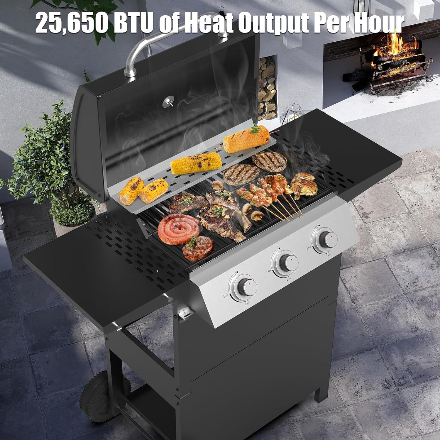 3-Burner Propane Grill with Top Cover Lid, Wheels, Side Tables, Built-in Thermometer, Stainless Ste