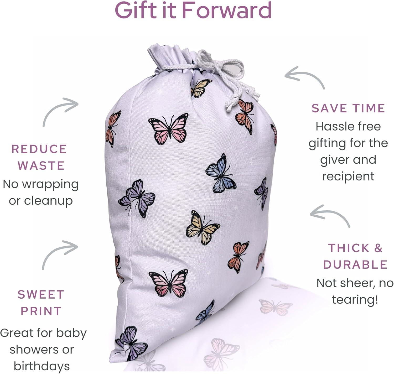 Gather & Knot Drawstring Gift Bags | 20" Large 12" Small | Premium Canvas | Reusable Fabric Wrap for Baby Shower or Girl Birthday | Butterfly