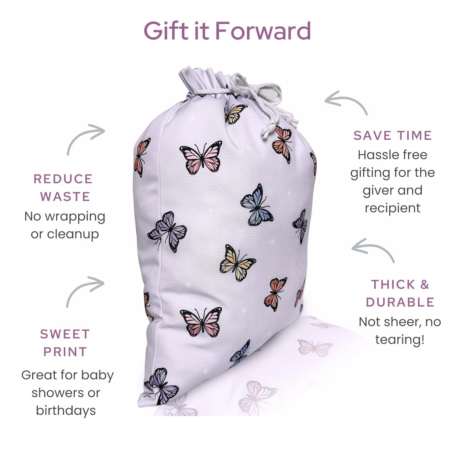 Gather & Knot Drawstring Gift Bags | 20" Large 12" Small | Premium Canvas | Reusable Fabric Wrap for Baby Shower or Girl Birthday | Butterfly