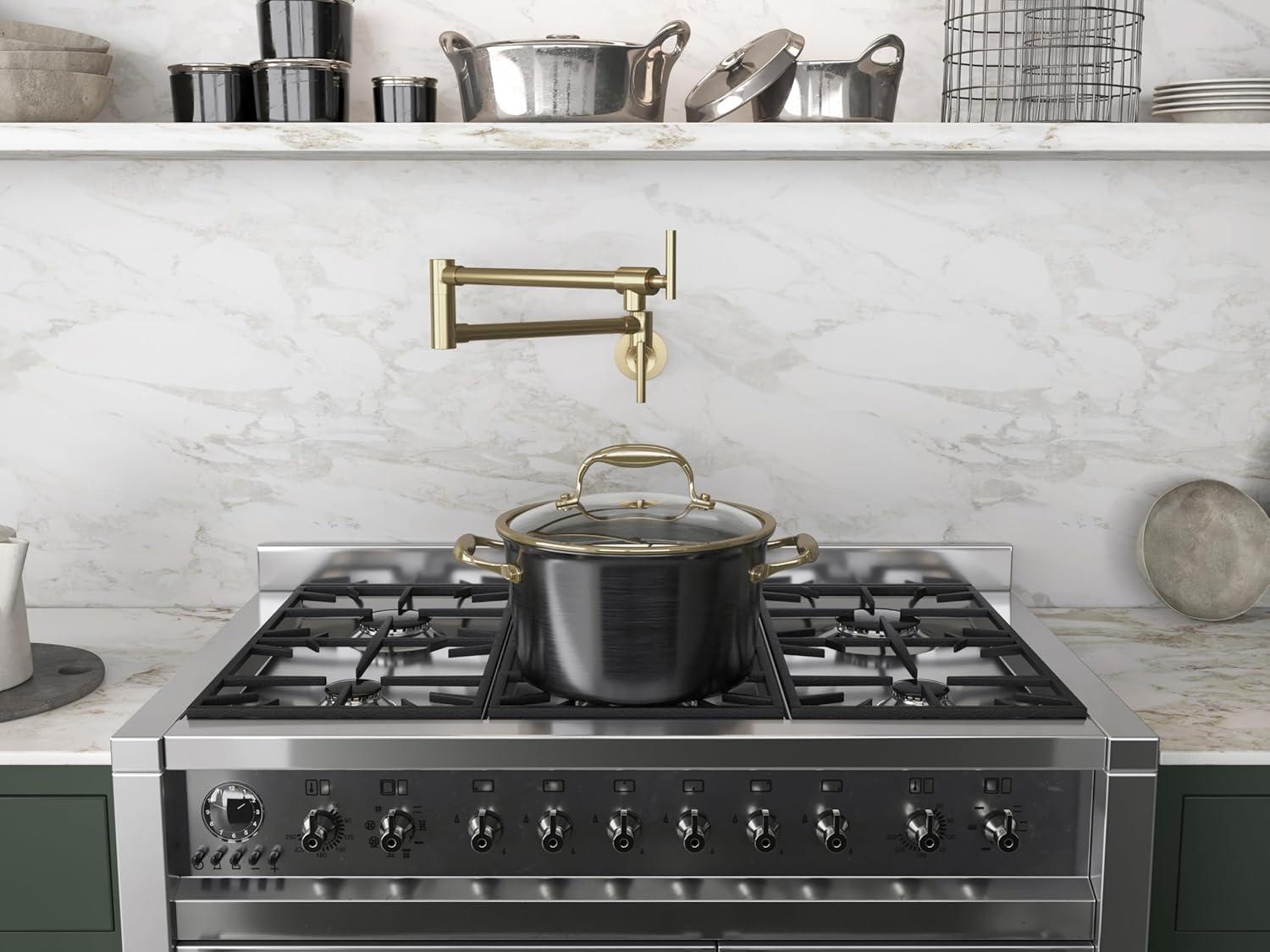 Braccia Series 24" Wall Mounted Pot Filler in Rose Gold | 24” Reach Spout Solid Brass Two Handle Dual Shut-Off Valve Double Joint Swing Arm Wall Mount Single Hole Kitchen Folding Faucet | KF-AZ258RG