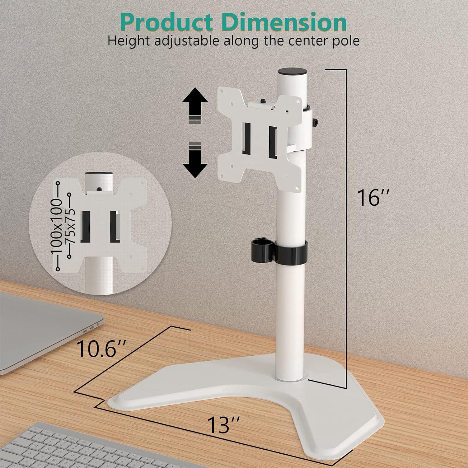 White Adjustable Single Monitor Desk Stand with VESA Mount