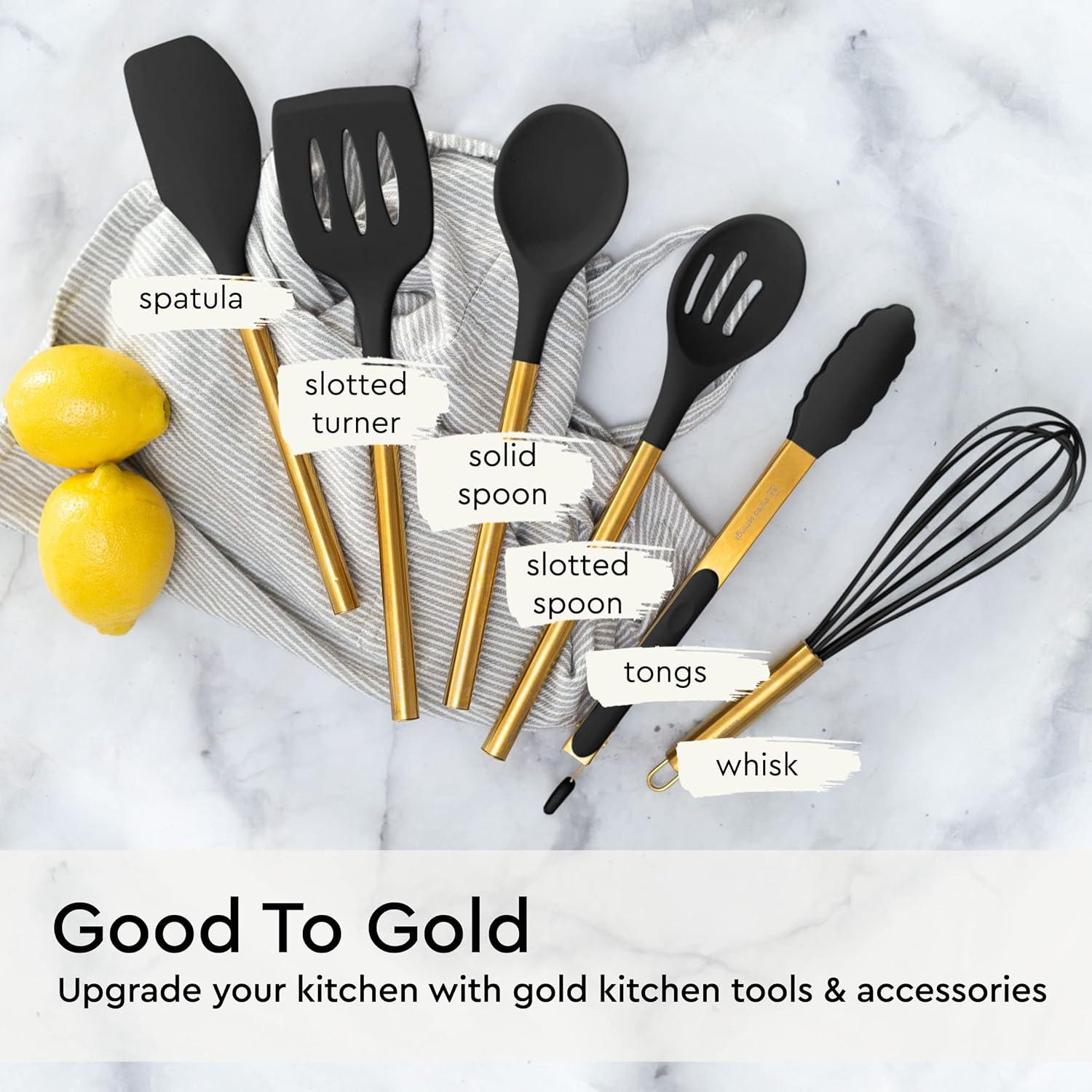 Black and Gold Kitchen Utensils Set 6PC Black Silicone Utensils Set Includes: Gold Tongs, Gold Whisk, Gold Serving Spoon, Gold Spatula & Turner-Black and Gold Kitchen Accessories & Gold Kitchen Decor