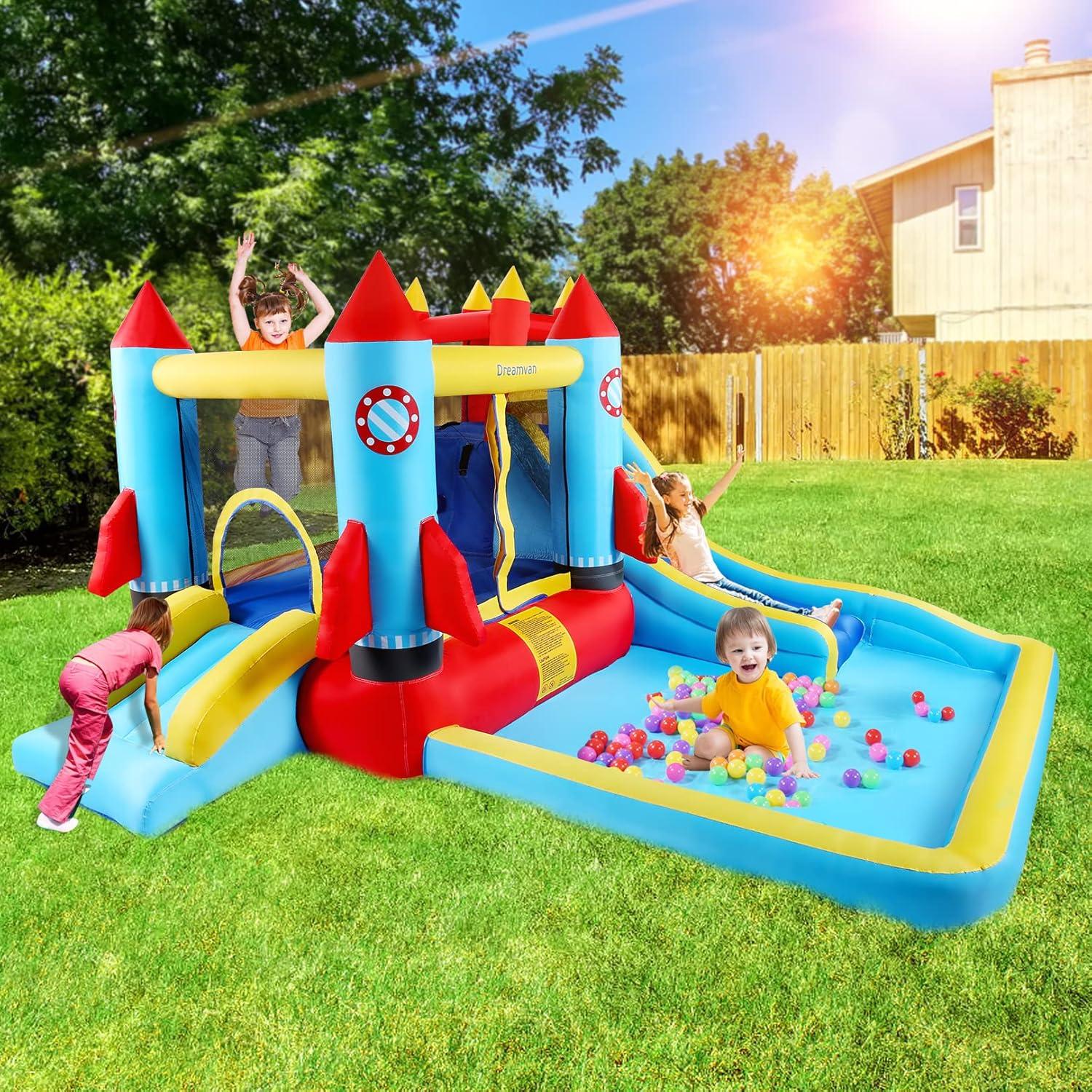 Ktaxon Inflatable Bounce House with Blower for Kids 3+, Indoor & Outdoor Bouncy Castle with Slide, Perfect for Birthday Parties, Backyard, Lawn