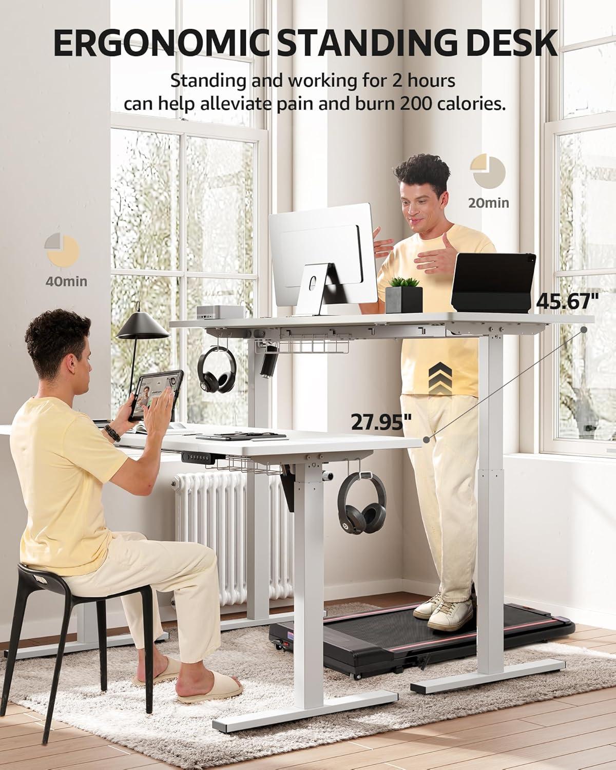 White Adjustable Height Standing Computer Desk with Headphone Hook