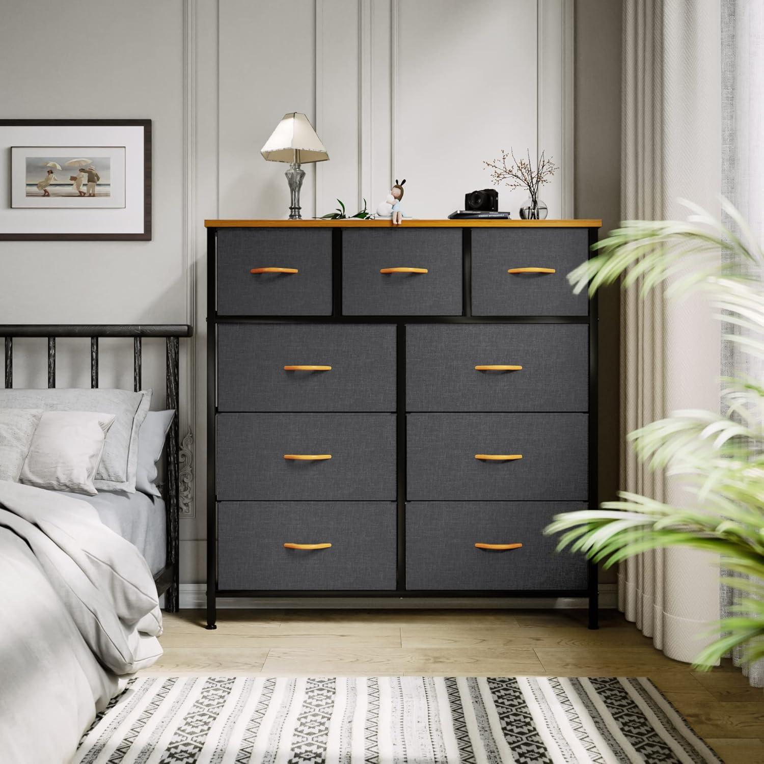 Cool Gray 9-Drawer Fabric Dresser with Wooden Top