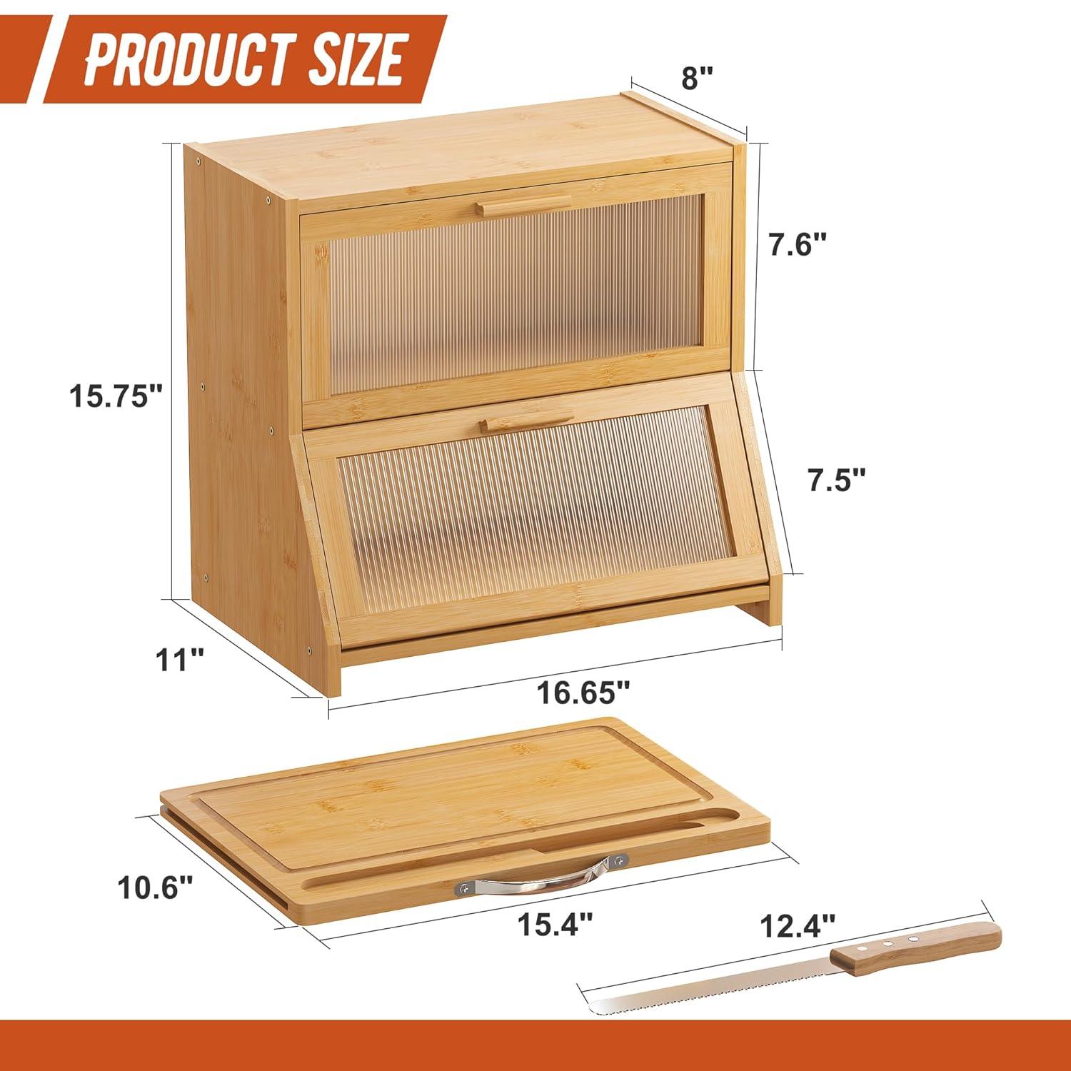 Prep & Savour Large Bread Box For Kitchen Counter, Bamboo Wooden Double Layer Large Capacity Bread Storage Bin With Acrylic Wavy Door Panel (Natural + Cutting Board)