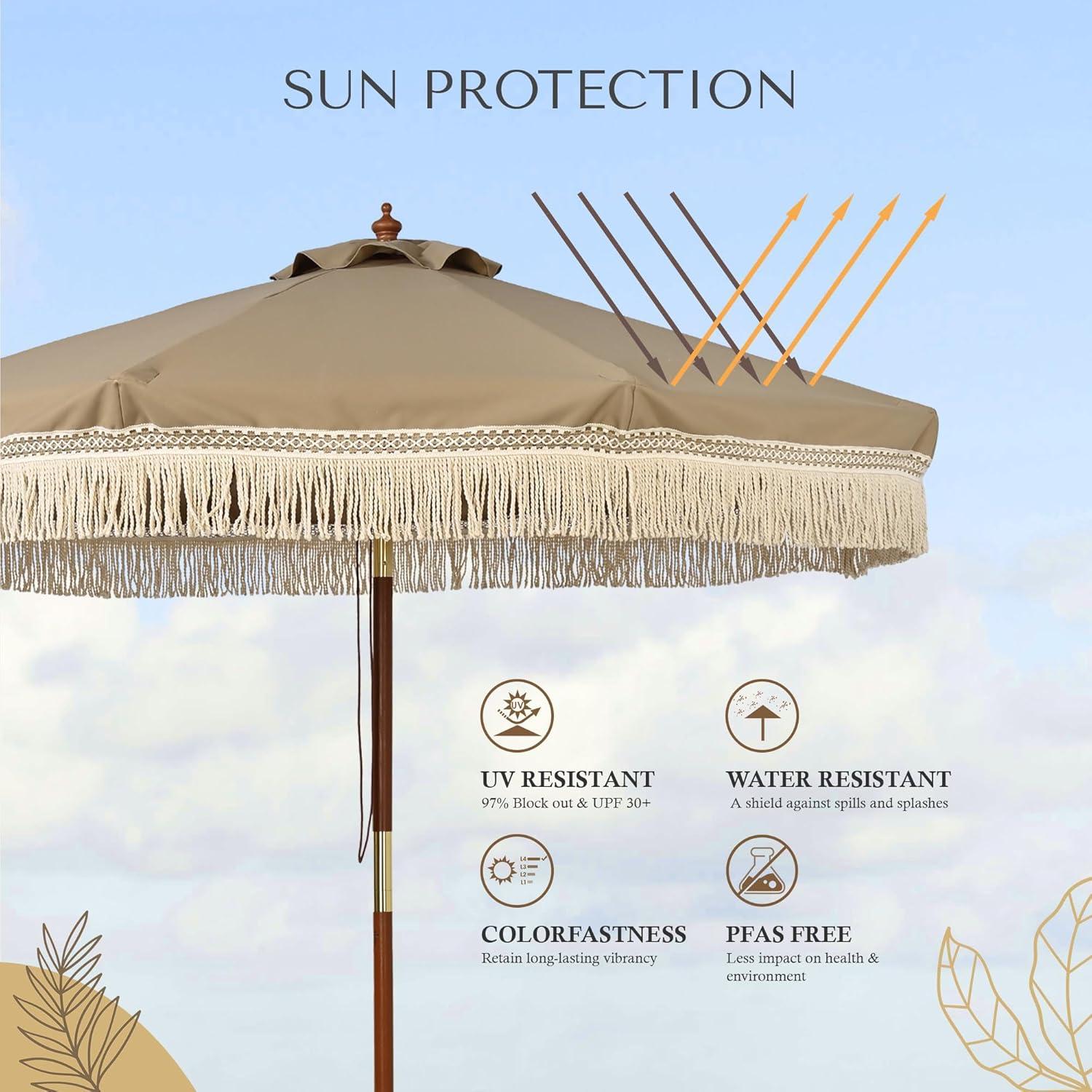 LAGarden BOHO 9' Fringe Patio Umbrella with Tassels UPF50+ Boho Style 5-Year-Non-Fading for Outdoor Yard Market Mocha Meander brown