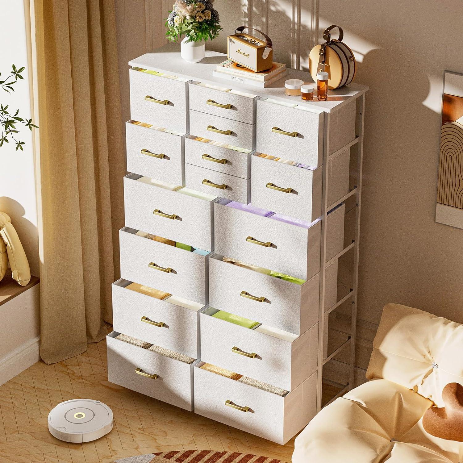 White Tall 16-Drawer Fabric Dresser with Metal Frame