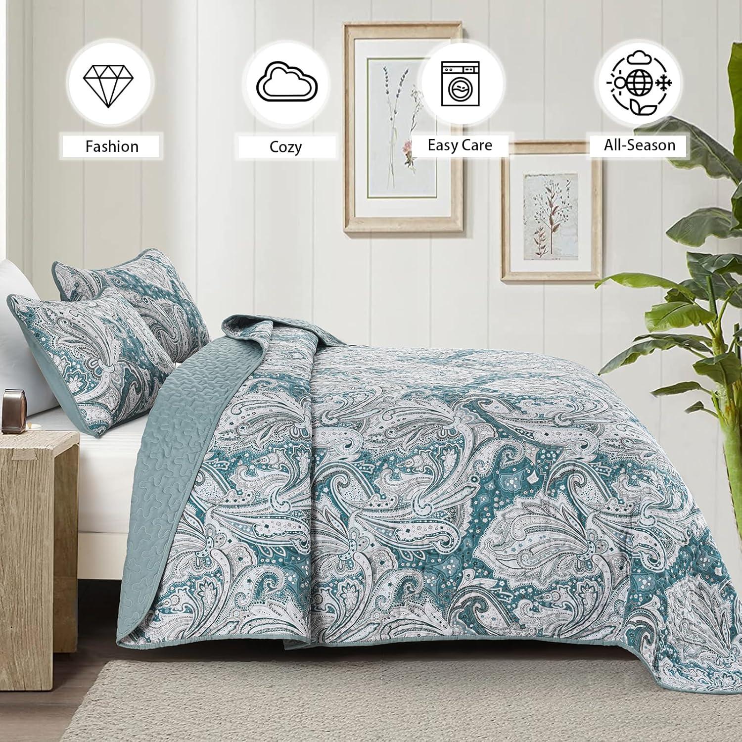 DJY Red Paisley Quilt Set Queen Size Boho Quilt Bedspread Set 3 Pieces, Soft Lightweight Microfiber Coverlet Set Burgundy Paisley Floral Pattern Bedding for All Season, 96''x90''