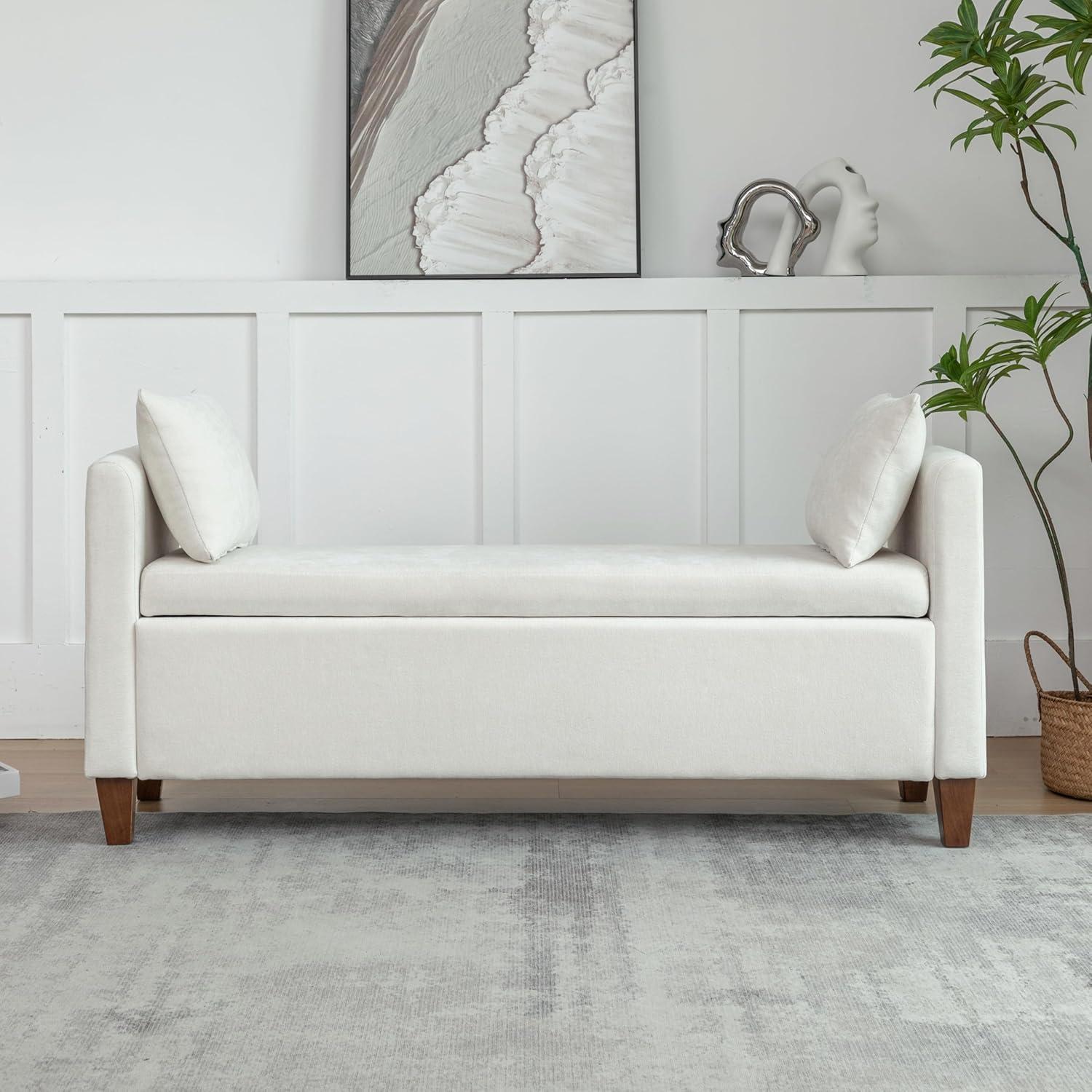 Beige Upholstered Storage Bench with Pillows and Wood Legs