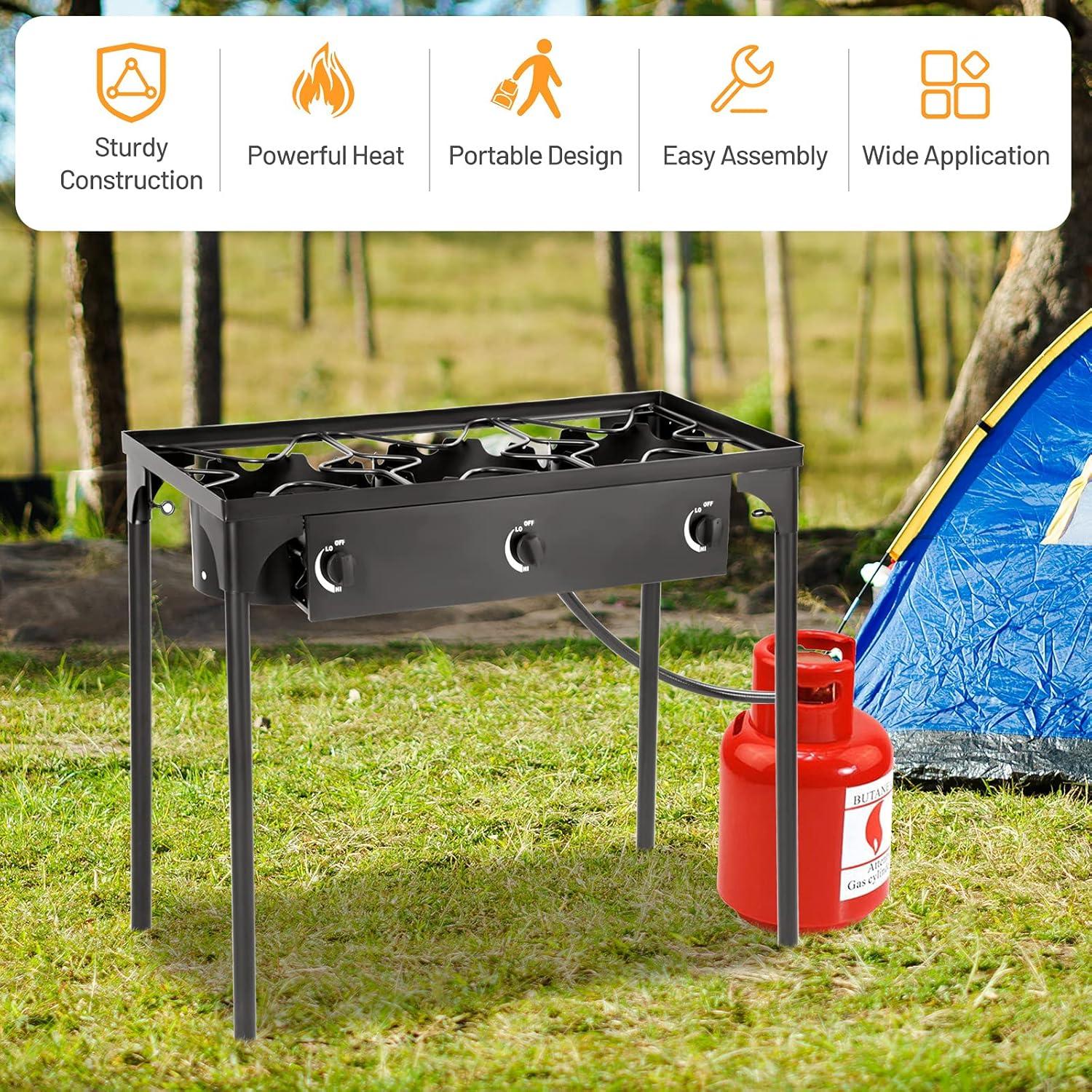 Black Cast Iron 3-Burner Outdoor Gas Stove with Detachable Legs