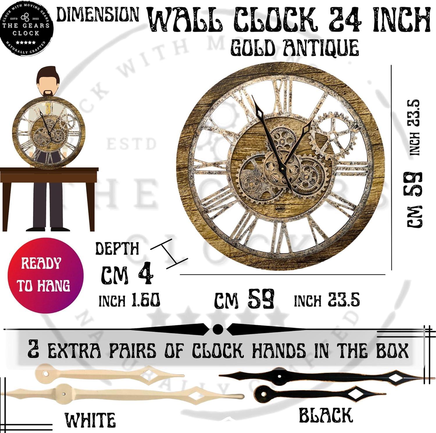 The Gears Clock Wall Clock 24" Round Oversized for Living Room decor with Real Moving Gears America Collection
