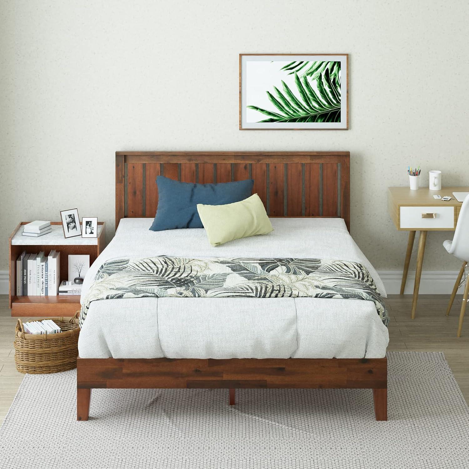 King Antique Espresso Pine Wood Platform Bed with Headboard