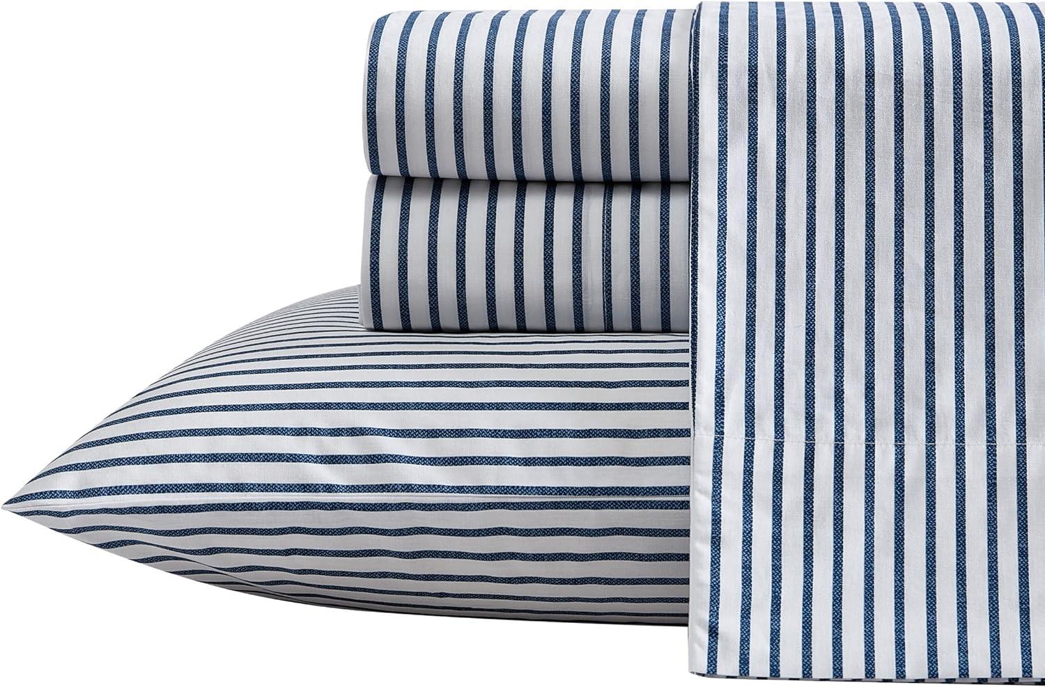 Navy and White Striped Cotton Percale Twin Sheet Set